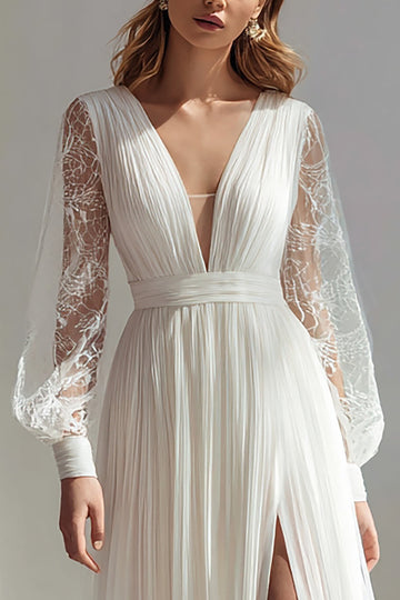 Ivoire V-Neck A Ligne Manches Longues Robe de mariée avec fente